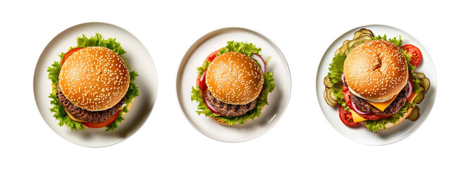Delicious Burger on a plate isolated on transparent background. Fresh tasty and appetizing cheeseburger. Tasty burger top view - obrazy, fototapety, plakaty