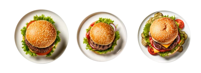 Fotobehang Snackbar Delicious Burger on a plate isolated on transparent background. Fresh tasty and appetizing cheeseburger. Tasty burger top view