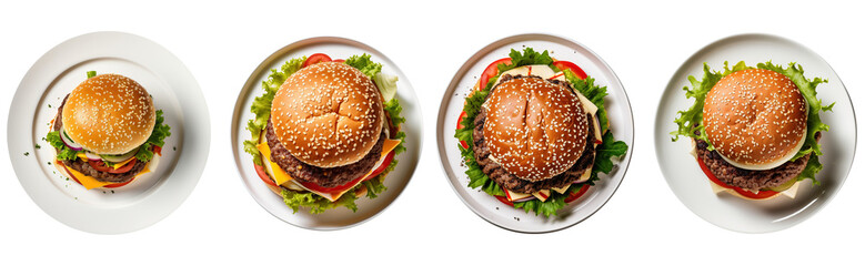 Delicious Burger on a plate isolated on transparent background. Fresh tasty and appetizing cheeseburger. Tasty burger top view - obrazy, fototapety, plakaty