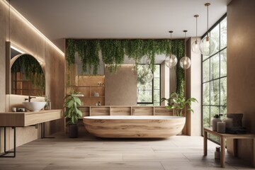 Interior Scene and Mockup, Wood and stone adorned modern bathroom interior. Generative AI