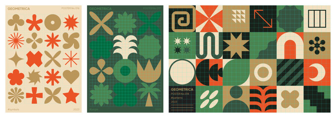 Trendy, geometric and abstract backgrounds for poster, wall art, card, landing page, banner and packaging. Set of geometric patterns, shapes and symbols influenced by Swiss design.