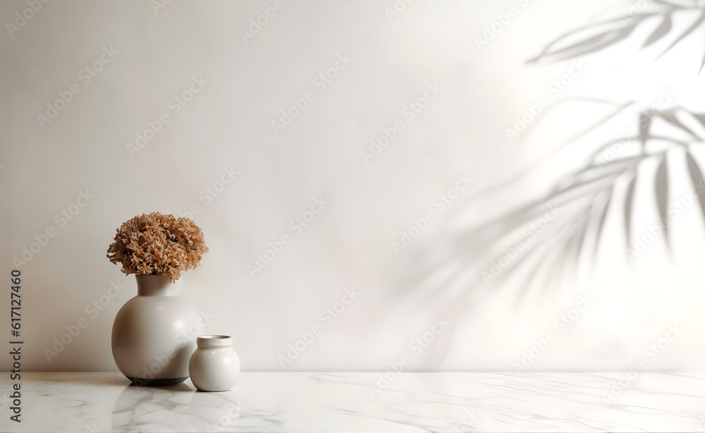 Poster creative mock concept. empty zen large empty wall room with natural shadow and dry flowers vase on m