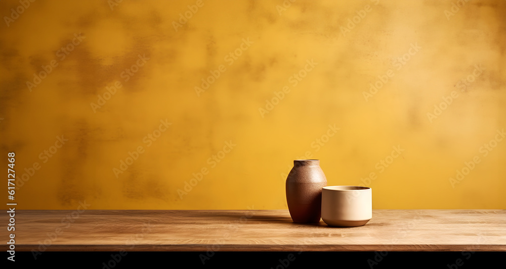 Poster creative mock concept. empty yellow large empty textured concrete grunge rustic wall room with vase 