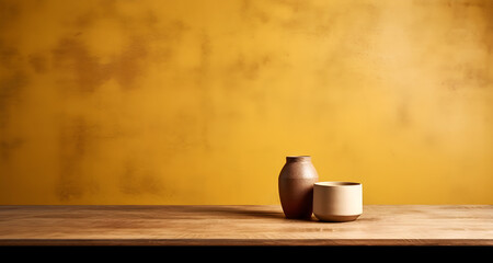Creative mock concept. Empty yellow large empty textured concrete grunge rustic wall room with vase on wooden table. Banner template for product presentation. Mock up 3D rendering

