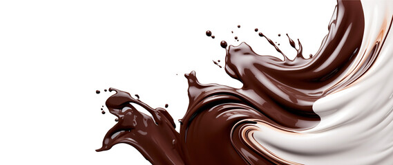 Splash of chocolate and white milk flow mixed. transparent background