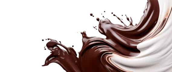 Selbstklebende Fototapeten Splash of chocolate and white milk flow mixed. transparent background © losmostachos