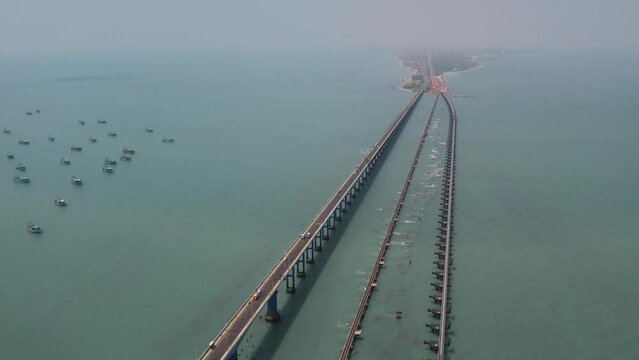 Drone video of Pamban Bridge, Rameshwaram, India.