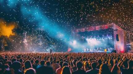 A photo of Open air concert, crowd partying stage lights live concert summer music festival,