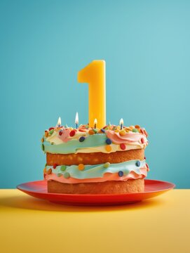 Kid birthday cake with number 3 on top isolated on a pastel background, vibrant colors Sony Alpha α7 III