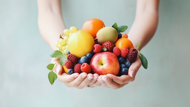A simple and natural food concept. The idea of a healthy eating. Female hands hold many different fruits. Apples, lemons, grapes and small fruits. Soft shadows, natural look. Neutral gray background.