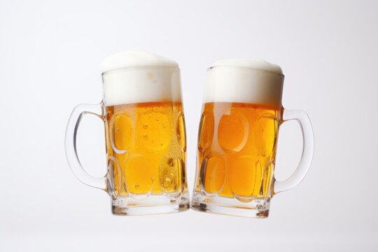 Beer, cheers, white background
