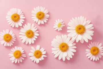 Obraz premium Beautiful chamomile daisy flower on neutral pink background. Minimalist floral concept, ai generative