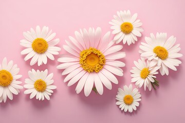 Obraz premium Beautiful chamomile daisy flower on neutral pink background. Minimalist floral concept, ai generative