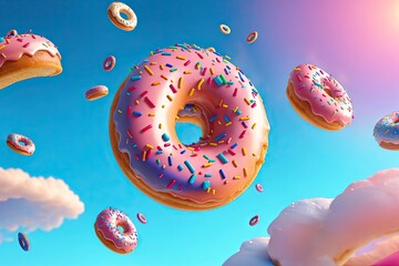 decorated doughnuts in motion falling on blue background. Sweet and colourful doughnuts, ai generative