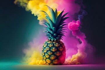 a pineapple photographed in the dark with colorfull smoke background, ai generative