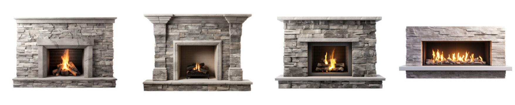 fireplace modern, classic and stone style.  beautiful lit fireplaces surrounded by modern tile. isolated on transparent background