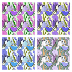 The  sat of seamless pattern with elements of leaves and flowers. Hand drawn. Grass and irises. Green, blue, purple. Abstract background. Summer floral decorative print. Suitable for textiles, fashion