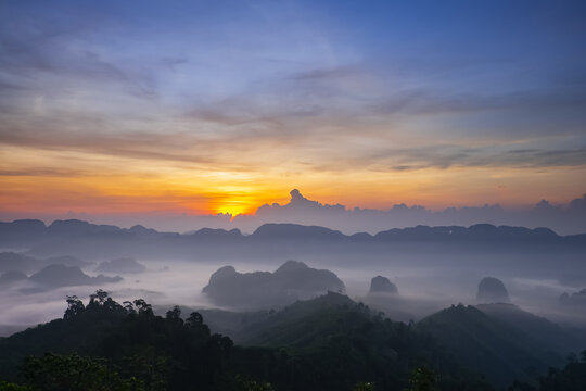 View of sea fog and mountain in the morning at Doi Tapang , Chumphon , Thailand