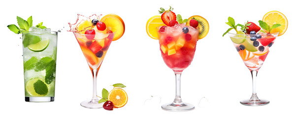 Variety of colorful cocktails and long drinks on transparent background