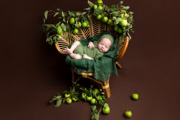 newborn on a big armchair with apples. A child in a green suit. The first photo session of a newborn. a little boy