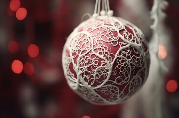 Red ball hanging from a Christmas tree, Christmas decoration, golden details. Generative AI