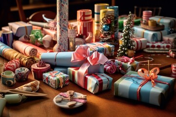A table filled with colorful wrapping paper, ribbons, and gift tags, highlighting the art of beautifully wrapping presents and creating anticipation for Christmas morning. Generative Ai