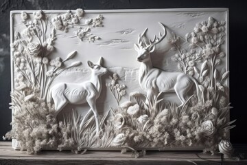 Metal deer and botanical bas relief wildflowers for wall art. decorative plaster flowers decorating for Christmas. Modern and stylish room decor. Generative AI