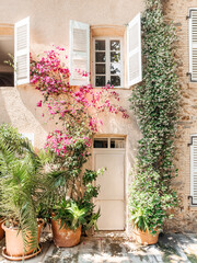 Fototapeta na wymiar Saint Paul de Vence Print | Pink Flowers France Cote d'Azur | Travel Photography | Bright Pastel Colored Art Print, Pastel Tones