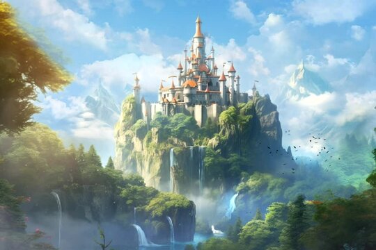 fantasy castle on top of mountain and waterfall