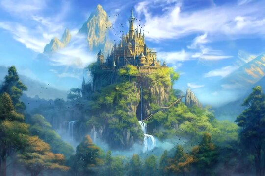 fantasy castle on top of mountain and waterfall