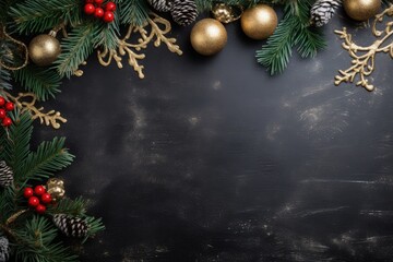 Christmas decoration on blackboard background, space for writing, digital illustration. Generative AI