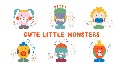 Cute little monsters, cartoon characters set. Collection of simple graphic shapes of monster creatures, expressing emotions with big open mouths. Vector flat illustrations for children 