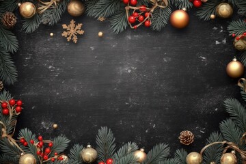 Christmas decoration on blackboard background, space for writing, digital illustration. Generative AI