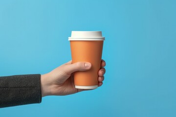 Hand holding coffee cup, blue background, digital illustration. Generative AI