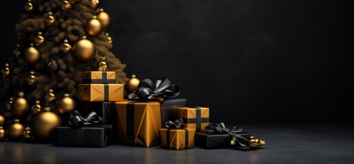 Christmas tree and gift boxes with golden details, black wall in the background, digital illustration. Generative AI