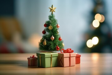 Fototapeta na wymiar Christmas tree and gifts, bokeh background, Christmas decoration, digital illustration. Generative AI