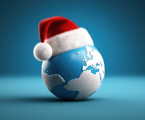 Earth globe with santa claus hat, christmas concept. Generative AI