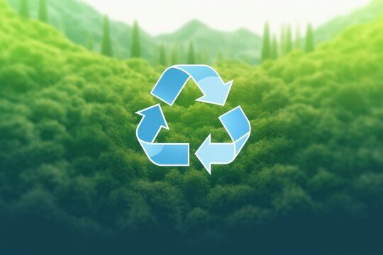 Recycling symbol, landscape in the background, concept of environmental preservation. Generative AI