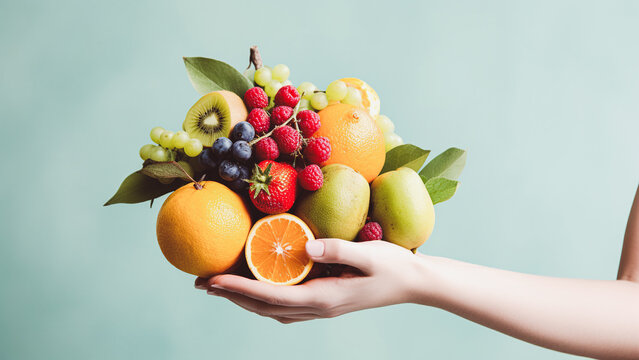 A simple and natural food concept. The idea of a healthy eating. Female hands hold many different fruits. Apples, lemons, grapes and small fruits. Soft shadows, natural look. Neutral green background.