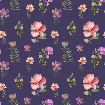 Seamless pattern with multi-colored flowers on a blue background, watercolor illustration.