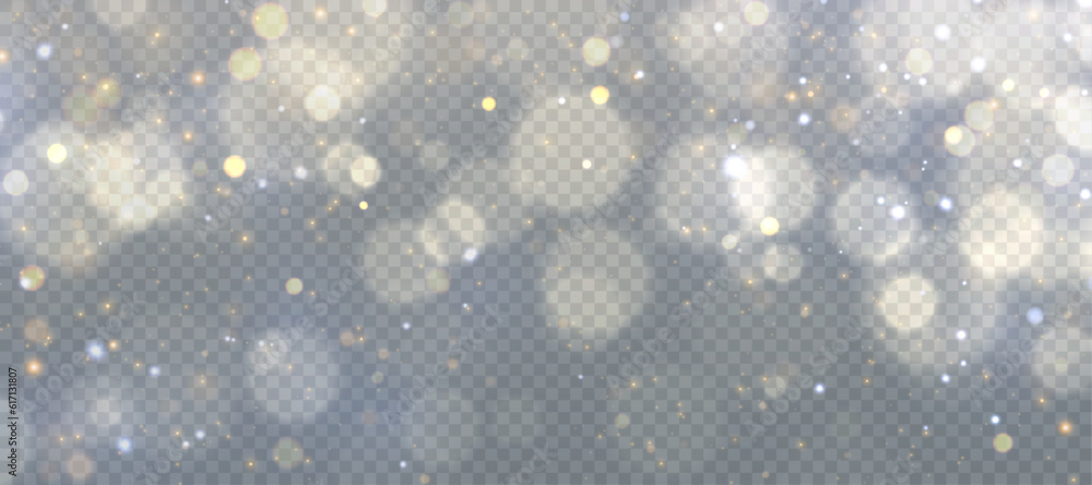 Poster abstract magic light dust effect with golden bokeh highlights on transparent background. christmas l
