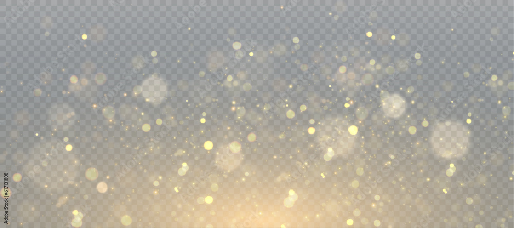 Poster abstract magic light dust effect with golden bokeh highlights on transparent background. christmas l