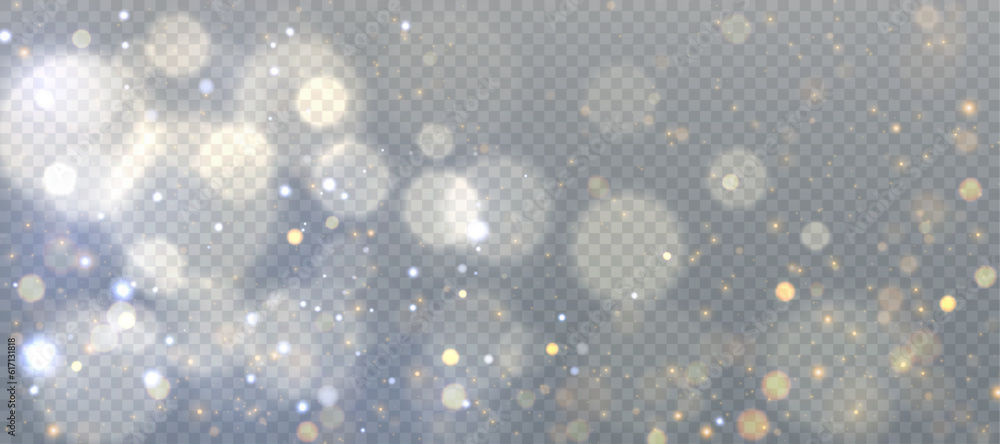 Poster Abstract magic light dust effect with golden bokeh highlights on transparent background. Christmas lights. Glowing flying dust. Vector illustration for New Year's design.