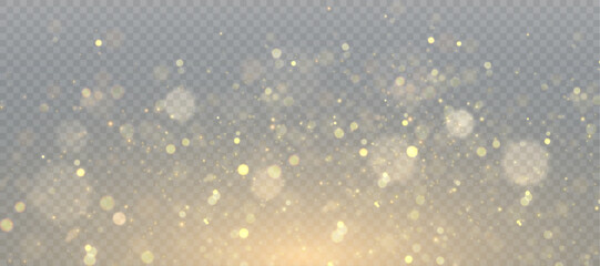Abstract magic light dust effect with golden bokeh highlights on transparent background. Christmas lights. Glowing flying dust. Vector illustration for New Year's design. - obrazy, fototapety, plakaty
