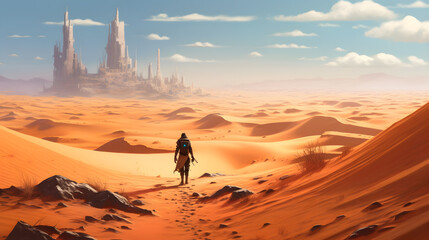Fototapeta premium A lone traveler walking through a vast desert, under the scorching sun, surrounded by towering sand dunes