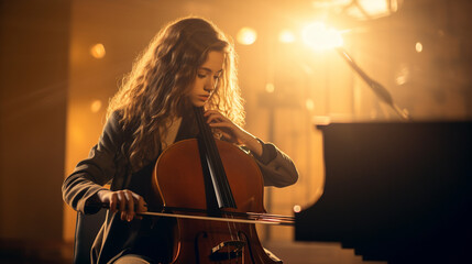 In a softly lit room, a talented girl leans into her cello, her eyes closed in concentration, as the instrument resonates with the depth and emotion of her music Generative AI - obrazy, fototapety, plakaty