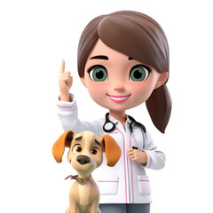 3D icon cute Young veterinarian woman with dog cartoon style on Isolated Transparent png background. Generative ai