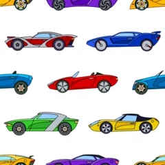 Glasbilder Autorennen Colorful pattern of sports cars on a white background in cartoon style for print and design. Vector illustration.
