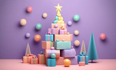 Fototapeta na wymiar Christmas tree 3D gradient pastel background
