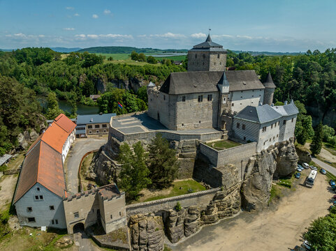 Aerial view of Kost castlein Libosovice , built in high Gothic style, White Tower keep surrounded by 2 concentric walls in the Bohemian Paradise